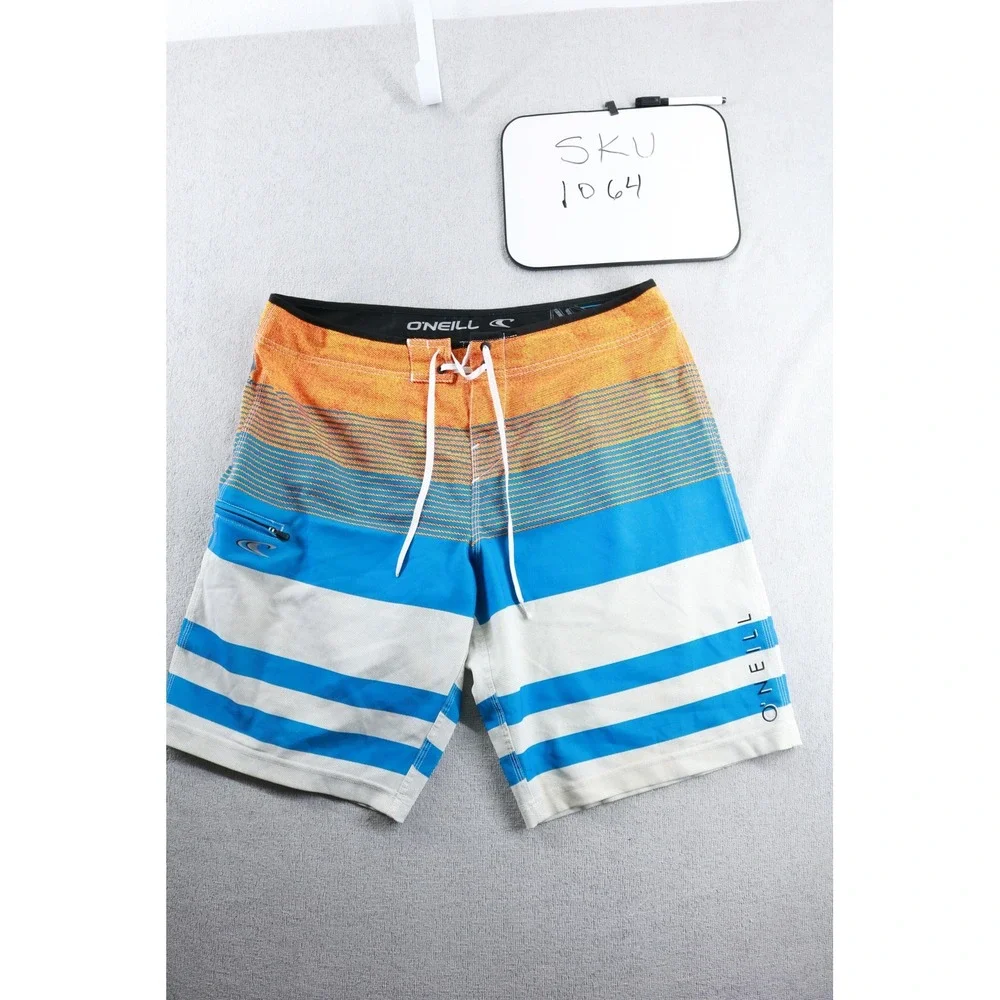 O'Neill Board Shorts Mens 36 Blue Orange Striped Hyperfreak Swim Trunks Pocket